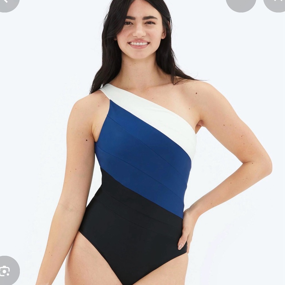 Summersalt One-Shoulder White, Blue, and Black Swimsuit